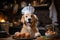 Cute dog Golden retriever wearing a Chef hat to cooking breakfast in minimalist and modern kitchen room