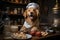 Cute dog Golden retriever wearing a Chef hat to cooking breakfast in minimalist and modern kitchen room