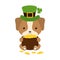 Cute dog in green leprechaun hat with clover holds bowler with gold coins. Cartoon sweet animal. Vector St. Patrick`s Day