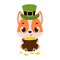 Cute dog in green leprechaun hat holds bowler with gold coins. Irish holiday folklore theme. Cartoon design for cards