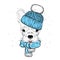 Cute dog in a hat, scarf and glasses. Purebred puppy. Bulldog in winter clothes. Vector illustration.