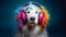 Cute Dog in headphones. Dog leastening music. Generative AI