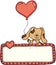 Cute dog holding heart balloon with love blank sign