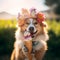 Cute Dog holding an Ice Cream, with Floral Wreath on it\'s head,