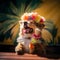 Cute Dog holding an Ice Cream, with Floral Wreath on it\'s head,