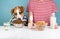 Cute dog and human having breakfast together. Minimalistic illus