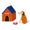 Cute dog and a kennel in cartoon style. Funny pet sitting near a doghouse
