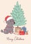 Cute dog poodle wearing a Santa Claus hat on christmas card. Vector greeting card in flat style with lettering Merry