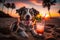 Cute dog resting at sea beach with cold cocktail in sunset. Summer vacation holiday concept. Created with Generative AI