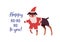 Cute dog, rottweiler in red Santa costume cartoon illustration. Funny Christmas greeting card design element. Happy ho