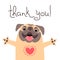 Cute dog says thank you. Pug with heart full of gratitude.