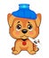 Cute dog is sick. a small puppy sits upright, a blue water bottle on his head, a thermometer in his mouth