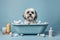 A cute dog sits in a bubble bath. Washing and hygiene of pets. Generative AI