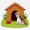 Cute dog sitting in front of kennel