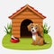 Cute dog sitting in front of kennel