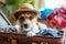 Cute dog sitting in open suitcase with clothes for vacation