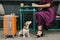 Cute dog sitting under the table and looking up to the woman in purple elegant dress
