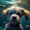 Cute dog snorkeling in the sea and wearing mask, summer vacation concept, AI generated illustration