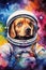 cute dog in space suit, funny doggy in spacesuit flying in cosmos