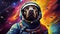 cute dog in space suit, funny doggy in spacesuit flying in cosmos