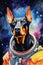 cute dog in space suit, funny doggy in spacesuit flying in cosmos