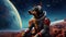 cute dog in space suit, funny doggy in spacesuit walking by far alien planet