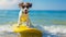 A cute dog surfer enjoys a fun-filled summer day at the beach, riding waves with enthusiasm, Ai Generated