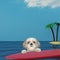 Cute dog surfing on a surfboard at the ocean near the beach