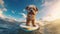 Cute dog surfing waves on a surfboard on sunny summer day