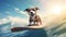 Cute dog surfing waves on a surfboard on sunny summer day