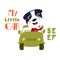 Cute dog travels in car. Slogan letters written by hand. Fancy font funny illustration for print. Vector illustration.