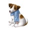 Cute dog in warm scarf with stupid face, funny clipart with jack russel, children`s illustration with cartoon character