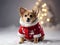 cute dog wearing Christmas attire in the snow with copy space