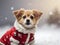 cute dog wearing Christmas attire in the snow with copy space