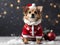 cute dog wearing Christmas attire in the snow with copy space