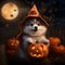 A cute dog wearing hat on Halloween background under a foggy moon
