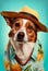 Cute dog wearing summer clothing and hat. Adorable dog portrait. Generative Ai