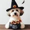 Cute dog in a witch hat with a bowl of treats for Halloween trick or treats, october celebration, generative ai