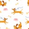 Cute doggie seamless pattern. Happy Hand draw Cute Dogs. Funny Puppies, bones, bowls. Children\\\'s pattern. Cute baby animals.