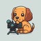 Cute doggy photographer with a camera on light background. Color illustration. Generative AI