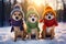 cute dogs decked out in stylish clothes playfully explore a snowy landscape.