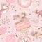 Cute dogs love sweets. Pink girly seamless pattern.