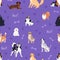 Cute dogs pattern. Seamless canine animal background, texture. Funny happy doggies pets, puppies breeds, repeating print