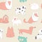 Cute Dogs. Pets. Seamless pattern background in outline style.