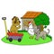 Cute dogs are playing with chickens and cats cartoon illustration