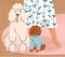 Cute dogs of Poodle breed sitting on floor near owners legs. Adorable curly big and little doggies at home. Purebred