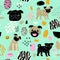 Cute Dogs Seamless Pattern. Childish Background with Pug Puppies and Abstract Elements. Baby Freehand Doodle for Fabric