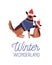 Cute dogs in sweater and santa hats cartoon illustration. Winter wonderland vector banner design element. Playful German