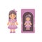 Cute doll in pink dress in a box flat icon. Little girl icon