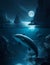 Cute dolphin, animal creatures, moonlit night, blue black mountain range, dark fantasy, water reflections